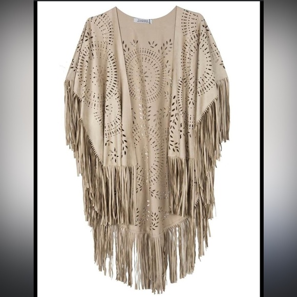 898. NWT Boho western cowgirl Tan Fringe Open Front and sides cape kimonos - Picture 3 of 8